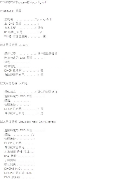 图 20  /all   显示现时所有网络连接的设置（部分）